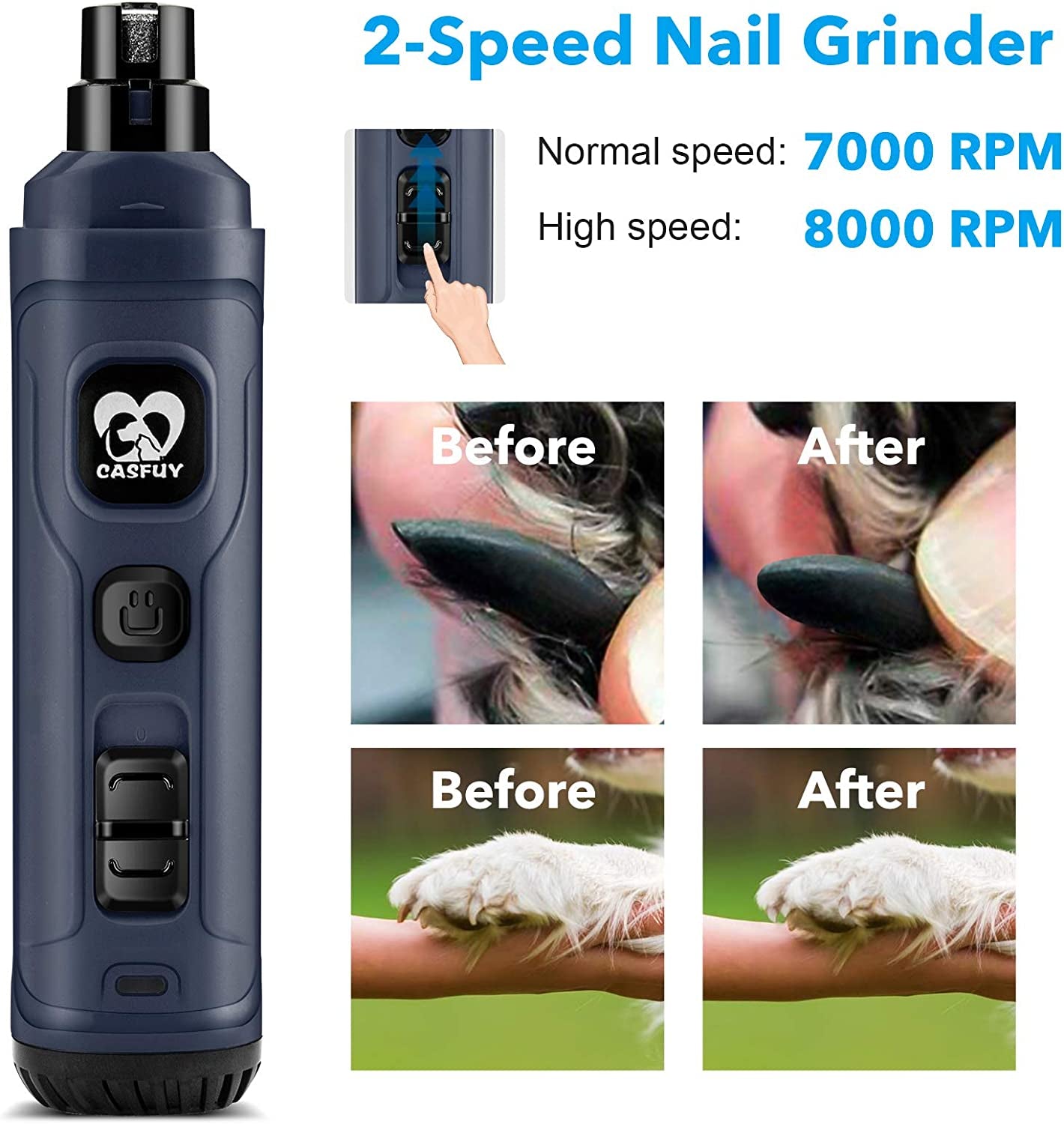 Dog Nail Grinder with 2 LED Lights – New 2-Speed Electric Trimmer for Quiet, Painless Grooming of Small, Medium, and Large Dogs and Cats (Blue)