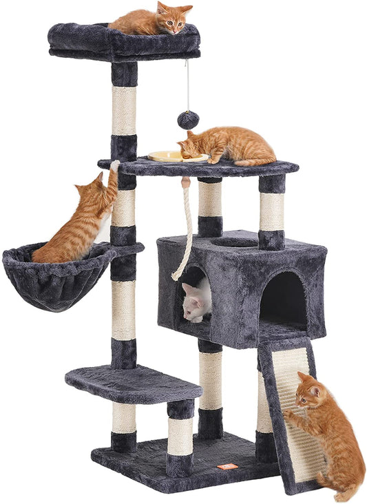 Multi-Level Cat Tree with Scratching Board and Feeding Bowl – Smoky Gray Indoor Cat Tower