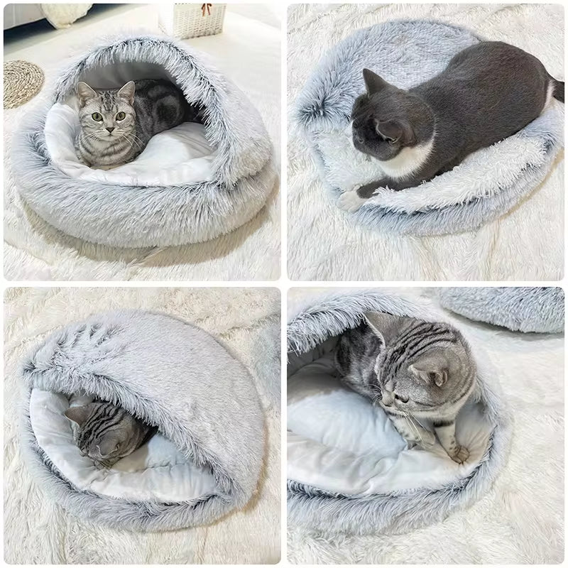 Pet Cat Bed with Long Plush, Round Design, Warm Cushion and Sleep Bag - 2 in 1 Cat House for Small Dogs and Cats