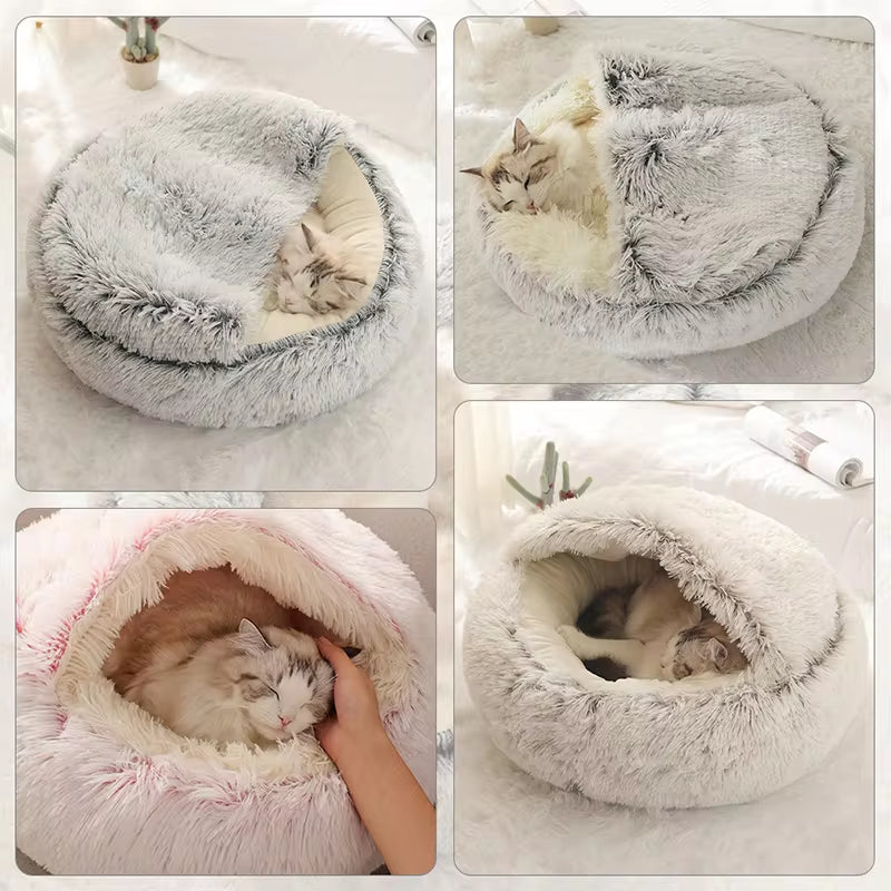 Pet Cat Bed with Long Plush, Round Design, Warm Cushion and Sleep Bag - 2 in 1 Cat House for Small Dogs and Cats