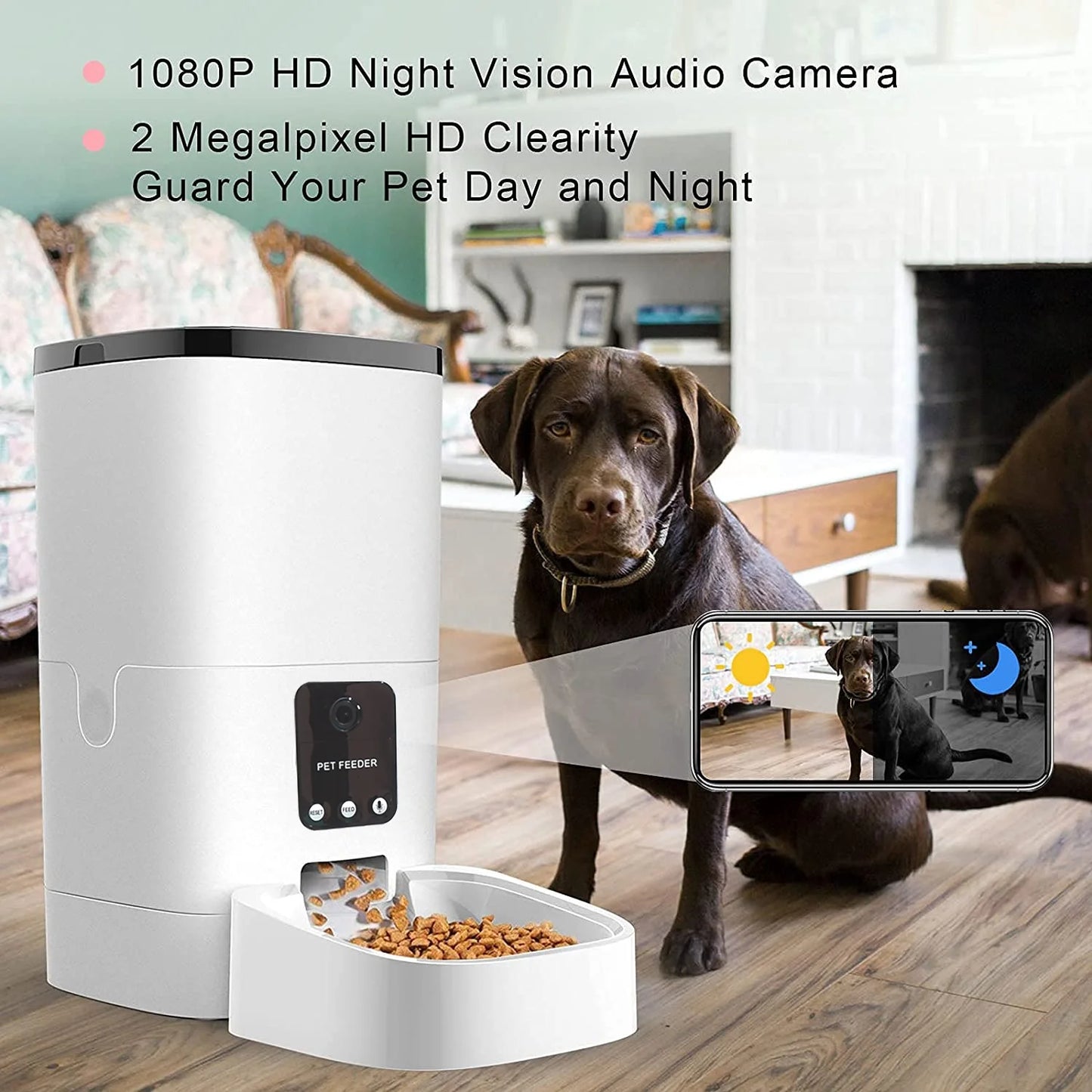 6L Automatic Pet Feeder with 1080P Camera – WiFi-Enabled, App-Controlled, Voice Recorder, Dual Power Supply, Timed Feeding for Cats and Dogs