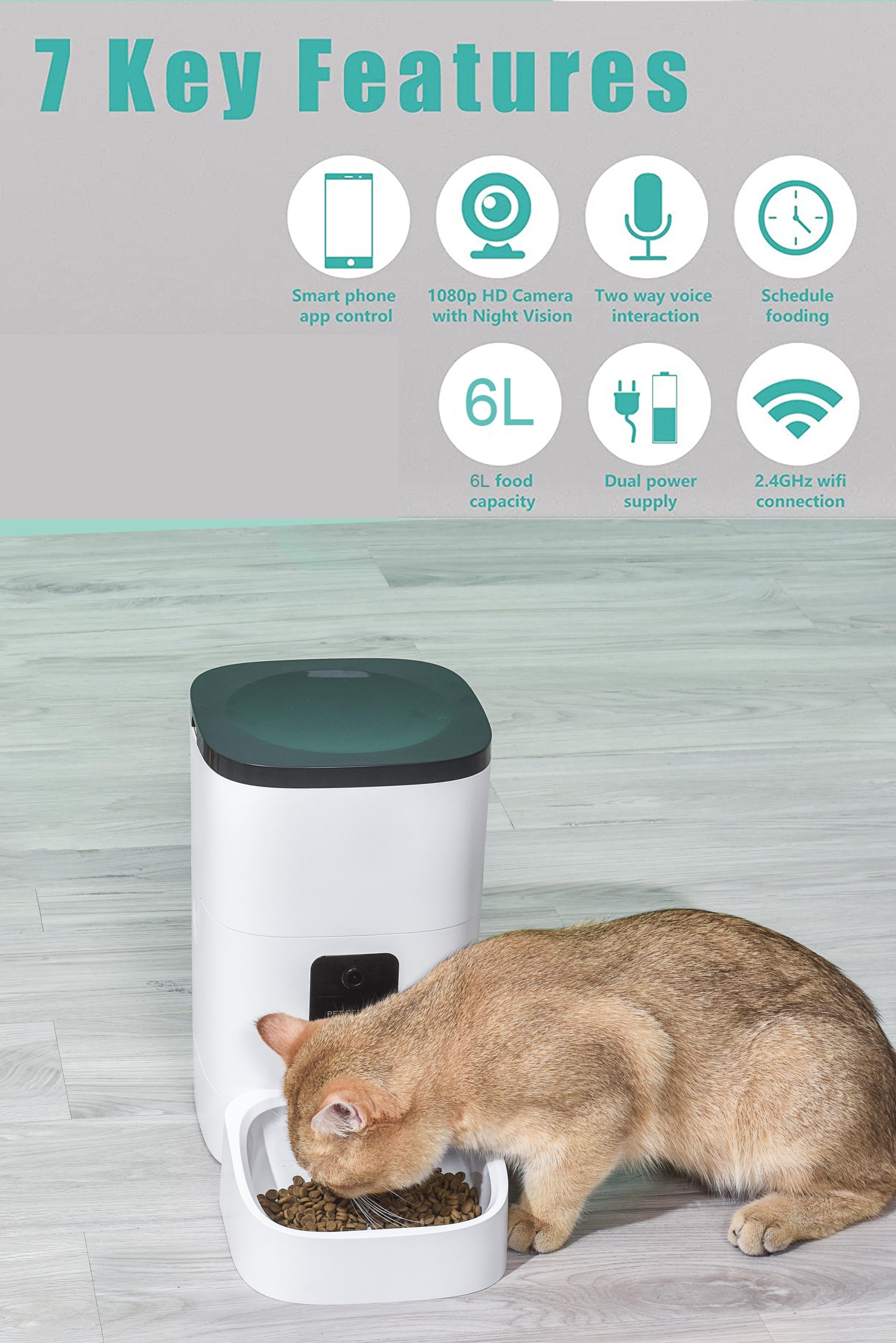 6L Automatic Pet Feeder with 1080P Camera – WiFi-Enabled, App-Controlled, Voice Recorder, Dual Power Supply, Timed Feeding for Cats and Dogs