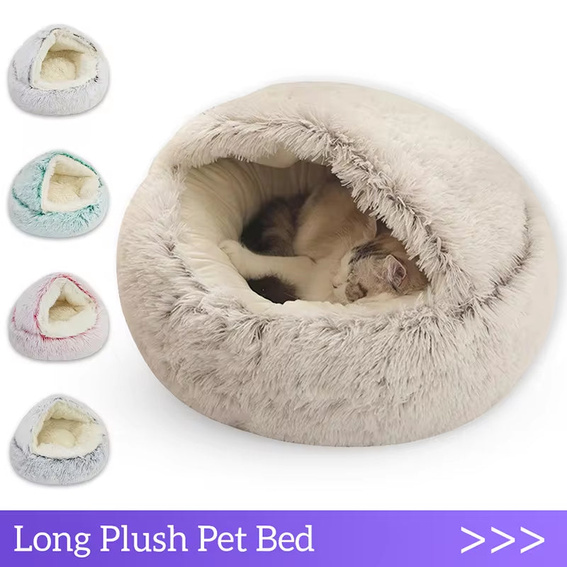 Pet Cat Bed with Long Plush, Round Design, Warm Cushion and Sleep Bag - 2 in 1 Cat House for Small Dogs and Cats