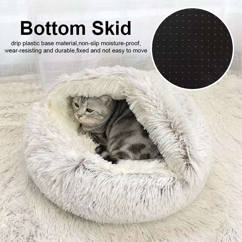 Pet Cat Bed with Long Plush, Round Design, Warm Cushion and Sleep Bag - 2 in 1 Cat House for Small Dogs and Cats