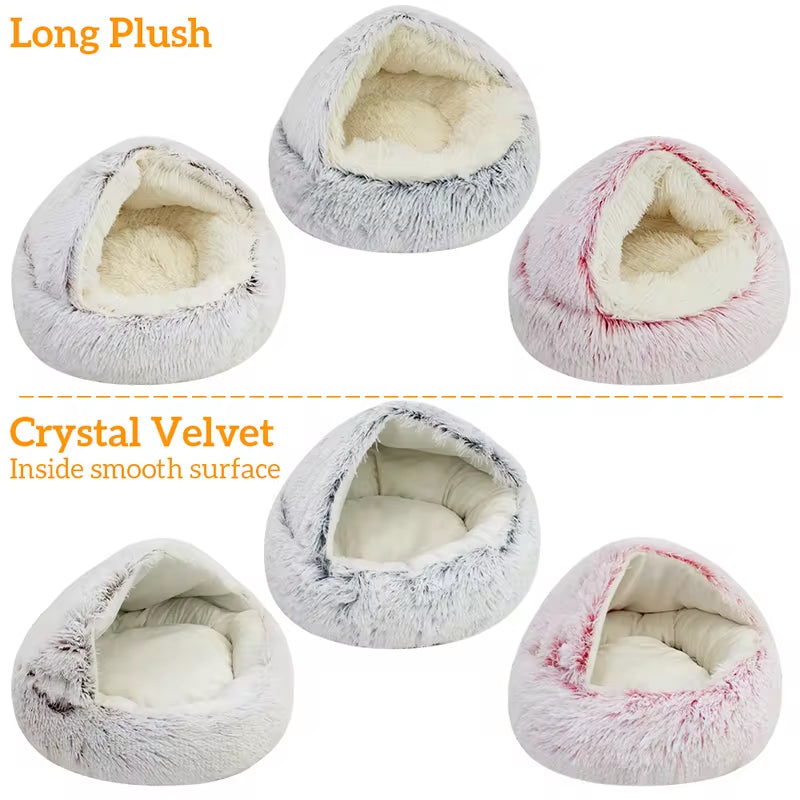 Pet Cat Bed with Long Plush, Round Design, Warm Cushion and Sleep Bag - 2 in 1 Cat House for Small Dogs and Cats