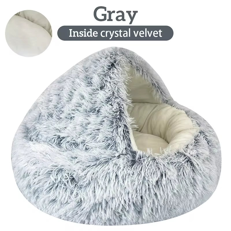 Pet Cat Bed with Long Plush, Round Design, Warm Cushion and Sleep Bag - 2 in 1 Cat House for Small Dogs and Cats