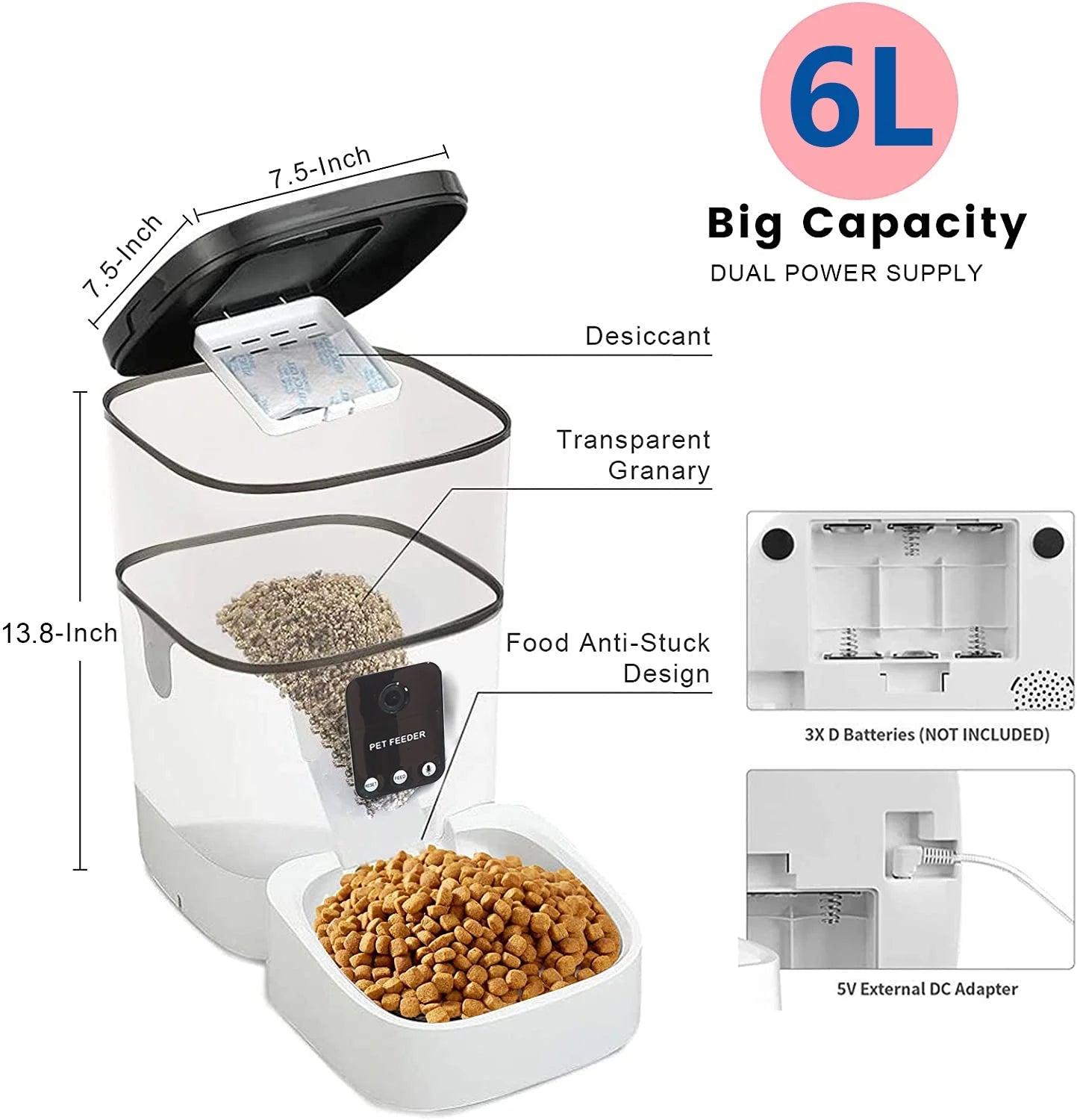 6L Automatic Pet Feeder with 1080P Camera – WiFi-Enabled, App-Controlled, Voice Recorder, Dual Power Supply, Timed Feeding for Cats and Dogs