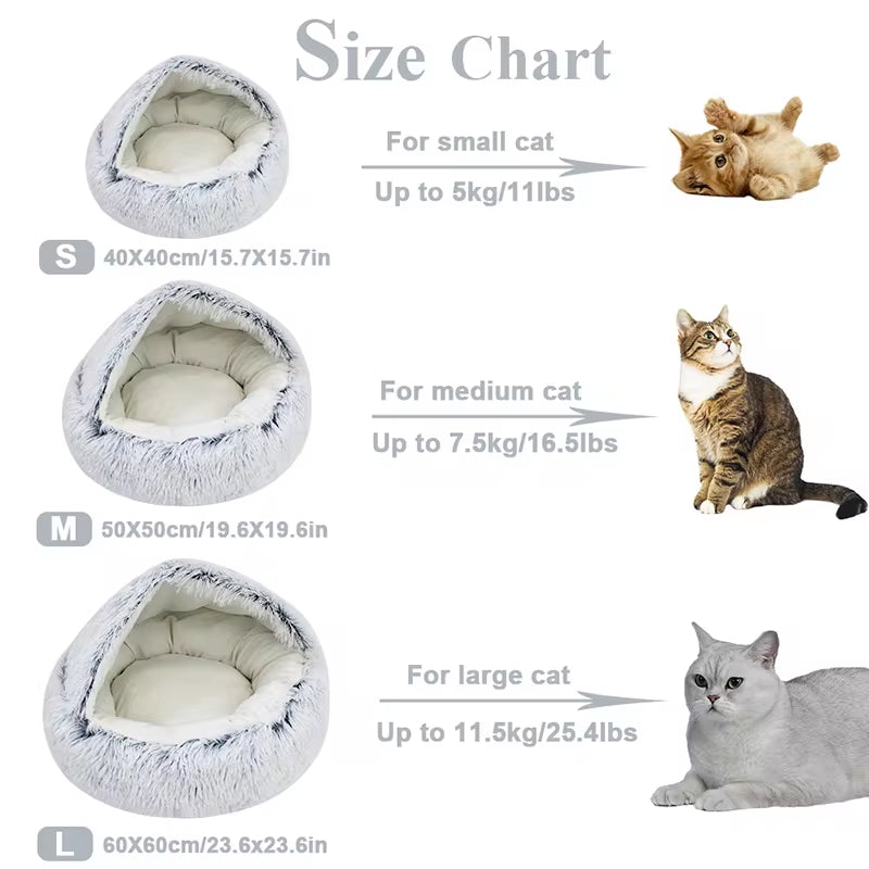 Pet Cat Bed with Long Plush, Round Design, Warm Cushion and Sleep Bag - 2 in 1 Cat House for Small Dogs and Cats