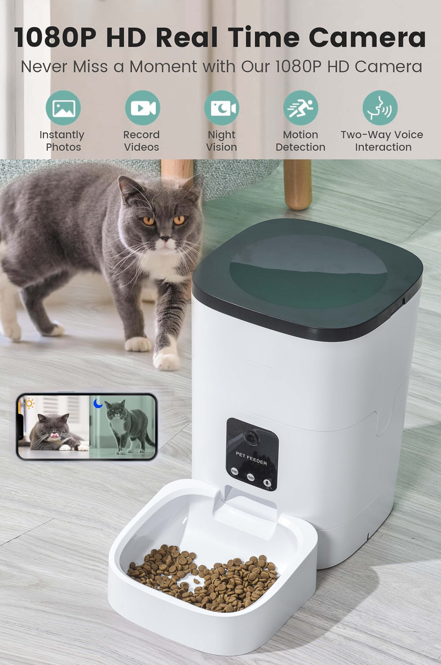 6L Automatic Pet Feeder with 1080P Camera – WiFi-Enabled, App-Controlled, Voice Recorder, Dual Power Supply, Timed Feeding for Cats and Dogs